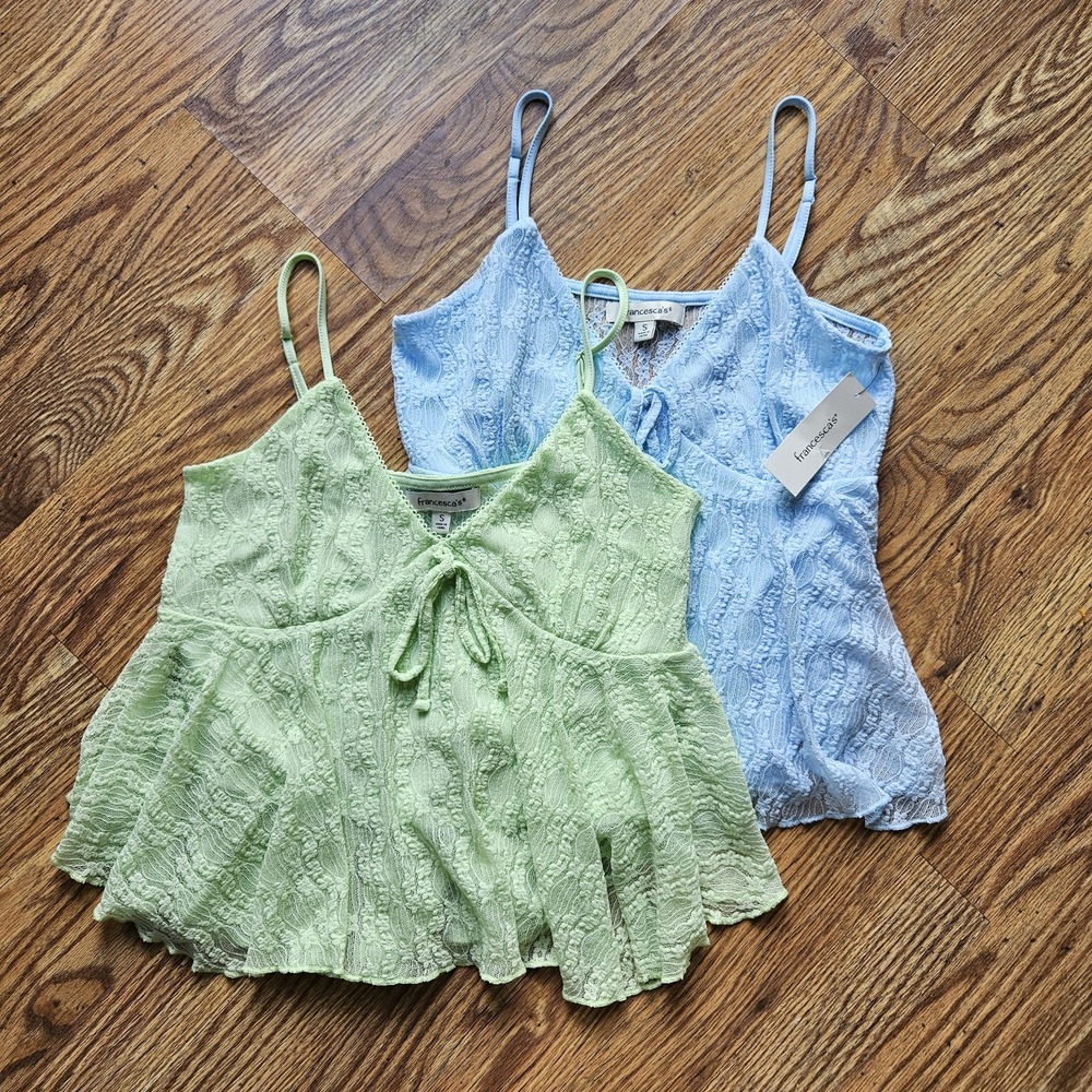 2 Francesca's Blue Green Babydoll Lace Small Sleeveless V Neck Flowy Boho Cami